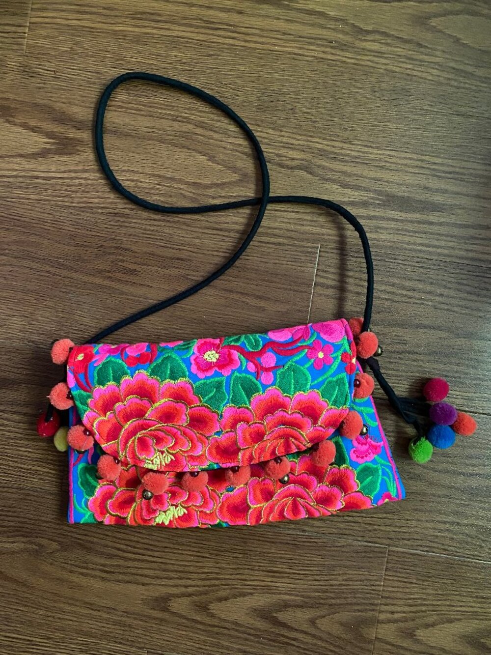 VINTAGE Hmong Embroidered Floral Crossbody Bag Pom Pom Jingle Bell Boho Clutch